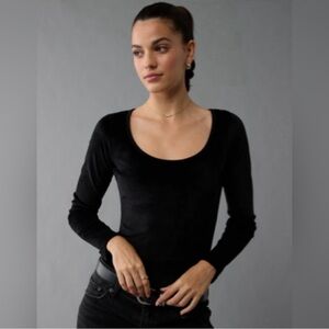 American Eagle Outfitters Black Long Sleeve Velvet Bodysuit